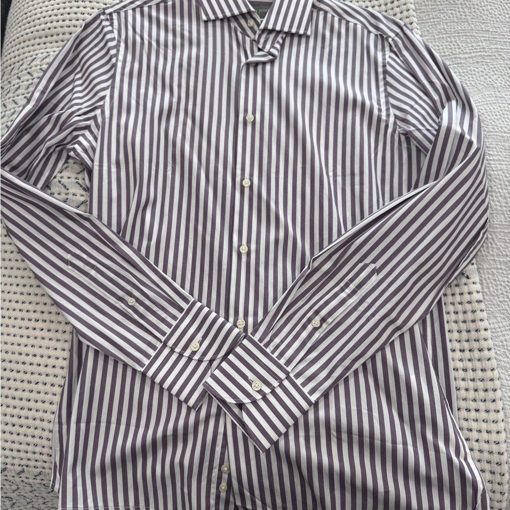 Men's Slim Fit Button-Down Shirt in White and Purple Stripe